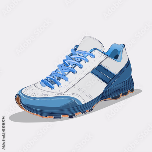 Vector drawing of casual sneakers with visible tread, laces, and padded structure, in detailed linework on white.