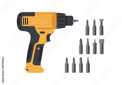 Professional cordless electric screwdriver with a set of interchangeable driver bits for assembly, repair, and DIY projects.