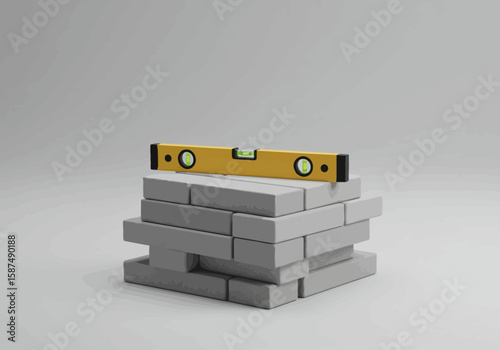 A yellow spirit level on a crooked stack of bricks. A conceptual representation of imbalance and foundational issues in construction.