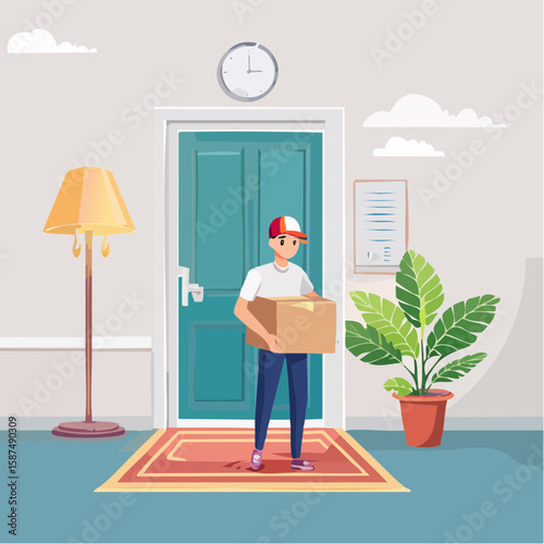 A delivery person stands at a doorway, holding a cardboard box, ready to deliver a package.