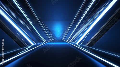 Futuristic corridor with glowing blue lines leading to a bright triangular end, creating a sci-fi atmosphere