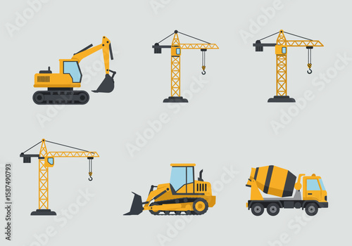 Set of heavy construction machinery vector illustrations including excavator, crane, bulldozer, and cement mixer for building projects.