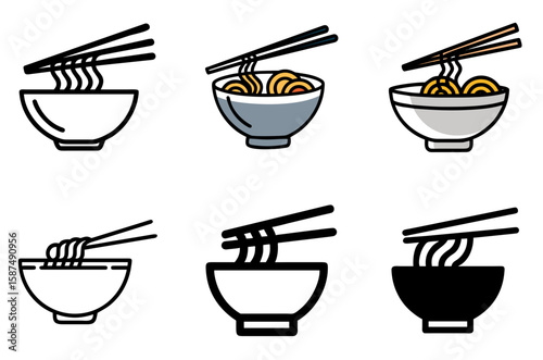 Delicious ramen noodles with chopsticks icon set for Asian cuisine and restaurant menus

