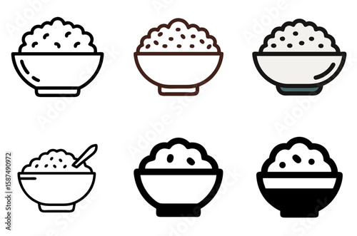 Simple bowl of rice icon set for Asian cuisine, healthy eating, and meal preparation

