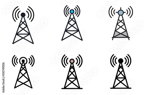 Digital broadcast antenna icon set for radio, television, and communication technology

