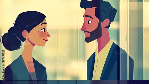Animated couple engaging in a cheerful conversation in a modern office setting with blurred background