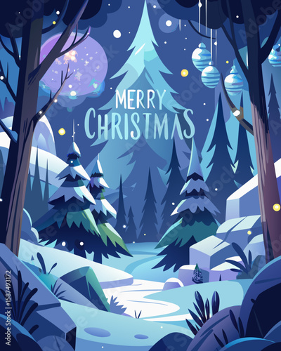Welcome the winter season with this festive Christmas scene featuring snowy trees and holiday ornaments, perfect for greeting cards.