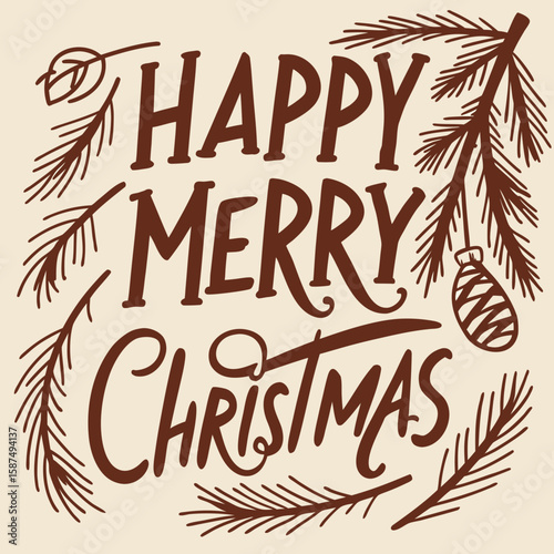 Embrace the holiday spirit with this hand-drawn Happy Merry Christmas design, perfect for seasonal greeting cards and festive decorations.