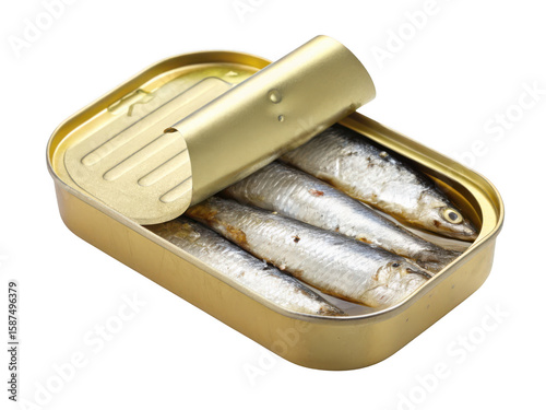 Open tin can filled with sardines in oil isolated on transparent background
