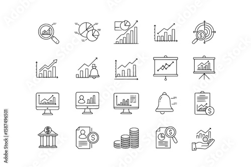 Business Analytics Icon Set: An array of illustrative icons representing business analysis, charts, and financial metrics, set against a seamless background.