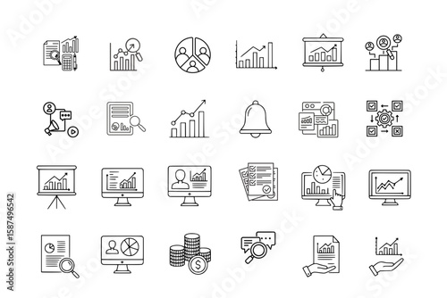 Data Analytics Icons: An array of data analytics icons in line-art style, representing key aspects of business data analysis and insights. Showcasing a range of symbols from charts to reports.