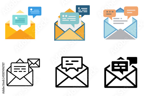 Open envelope mail icon set with speech bubbles for email communication and messaging themes