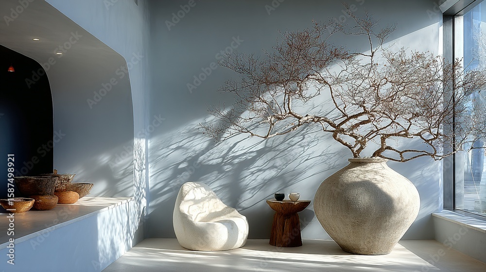 Fototapeta premium Light-filled interior showcasing a large ceramic vase and contemporary furnishings.