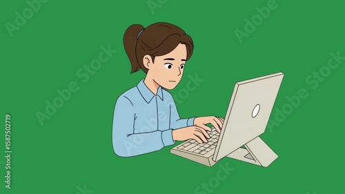 A cartoon woman with brown hair wearing a blue shirt types on a beige laptop against a green background