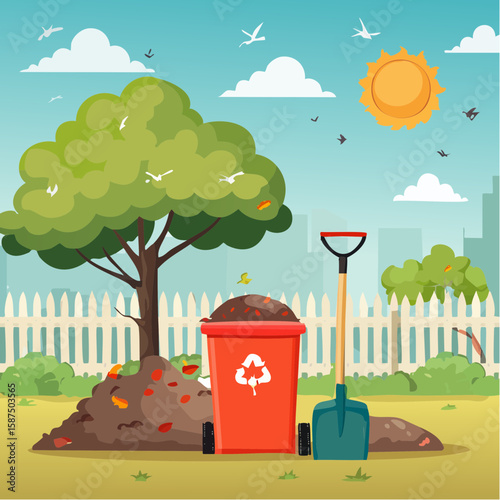 Illustration of a red recycling bin filled with leaves next to a shovel, under a tree, on a sunny day.