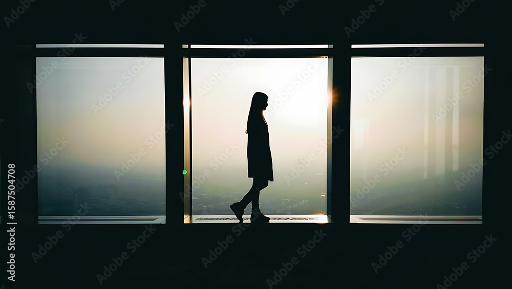 Fototapeta premium A solitary figure silhouetted against a vast window at sunset contemplating the city skyline spread out below symbolizing introspection and personal reflection