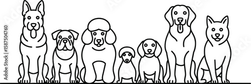 Diverse group of seven dogs in a line art illustration on white background