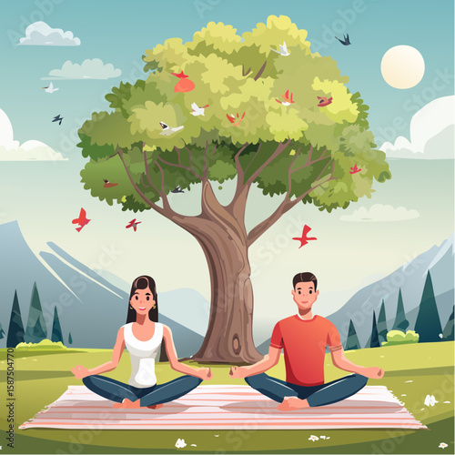 A couple meditates under a large tree with birds flying around, set against a mountain backdrop.