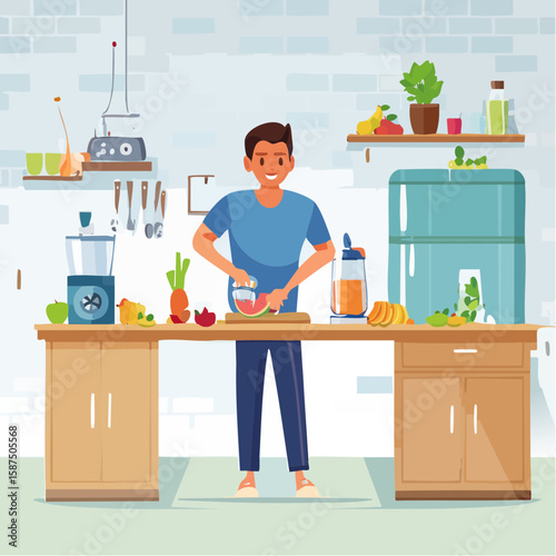 A man in a kitchen, happily preparing a fruit juice, cutting watermelon on a wooden countertop.