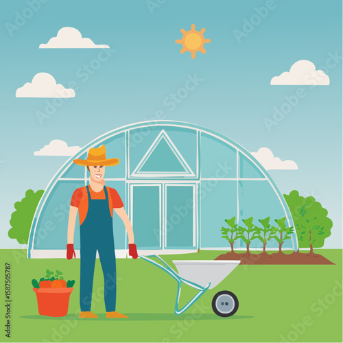 Farmer pushing a wheelbarrow near a greenhouse, with a bucket of plants beside him under a sunny sky.