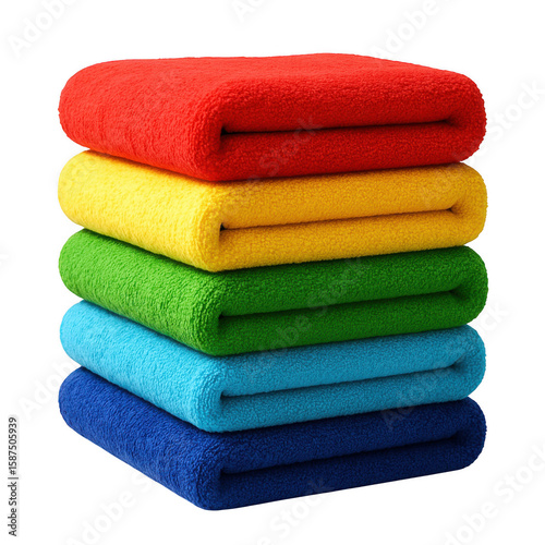 Stack of colorful towels, including green, yellow, and red. isolated-3d-on-transparent-background