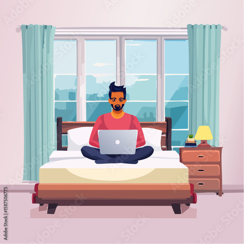 Man sitting cross-legged on bed, working on laptop in a bedroom setting.