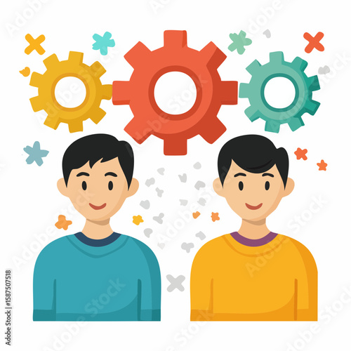 Flat icon illustration showing admin vs user privileges: two figures with different gear icons, one with full control, one with limited settings