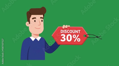 Cartoon man holding a 30 discount tag on a green background