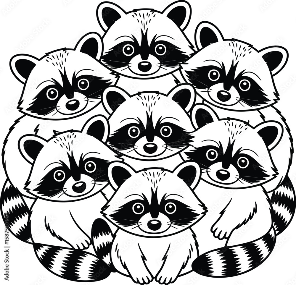 Obraz premium A cute group of cartoon raccoons piled together in a circle