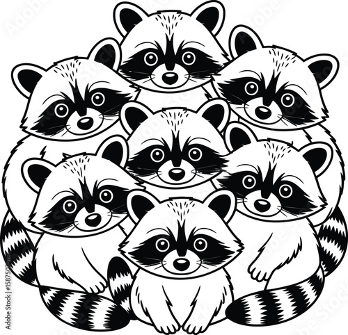 A cute group of cartoon raccoons piled together in a circle