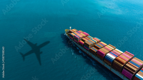 Aerial view of the freight shipping transport system cargo ship container. international transportation Export-import business, logistics, transportation industry concepts	
