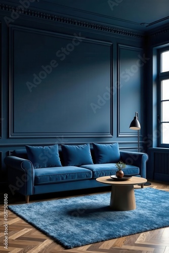 Navy blue living room, plush velvet sofa & armchair, modern elegant decor, design, house
