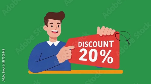 Cartoon man in blue holds a red Discount 20 sign set against a green backdrop