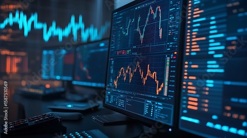 A high-tech trading desk filled with crypto graphs 