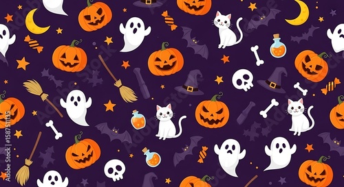 Whimsical halloween pattern featuring cute ghosts smiling pumpkins white cats bats and witch hats on a purple background