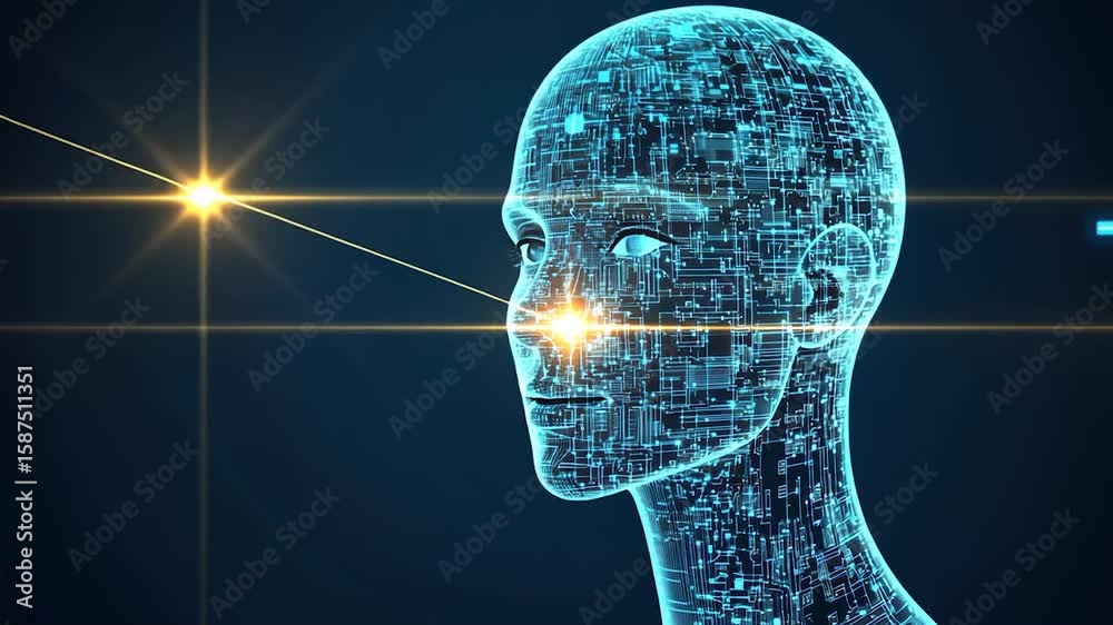 Digital human head, glowing circuit board design
