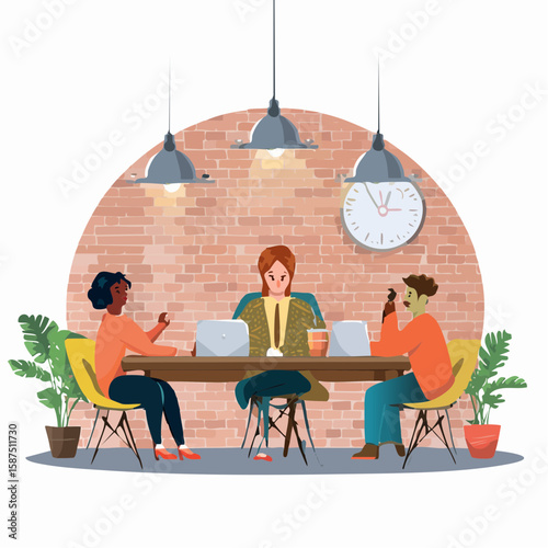 Three individuals collaborating around a table, engaged in a discussion, with laptops present.