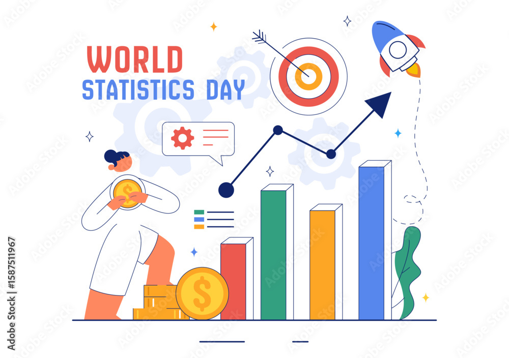 Naklejka premium World Statistics Day Vector Illustration Featuring Data Calculation for Socioeconomic Planning and Policy Formulation in a Flat Background