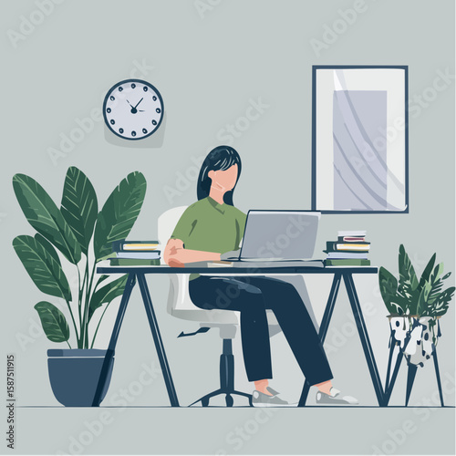 Woman working at a desk, using a laptop, surrounded by plants and decor.