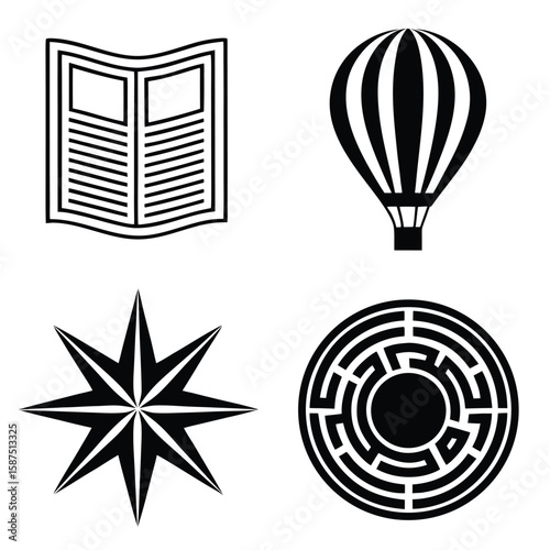 Black silhouette bundle of newspaper hot air balloon compass star maze white open