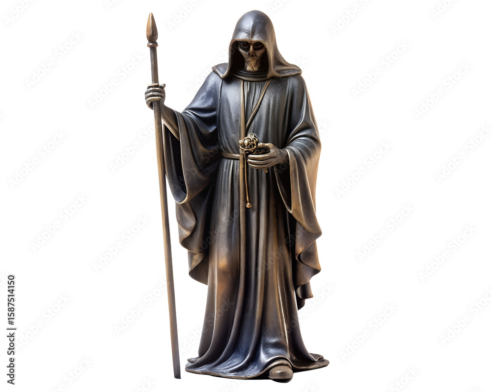 Fototapeta premium Grim reaper figure holding a staff and orb isolated on transparent background