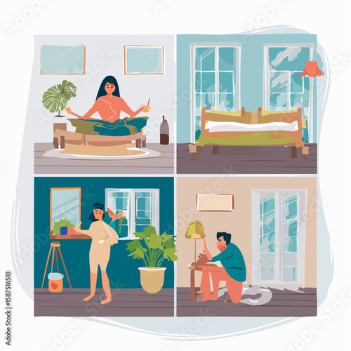 Collage of four scenes: woman meditating, bedroom, woman painting, and man fixing lamp.