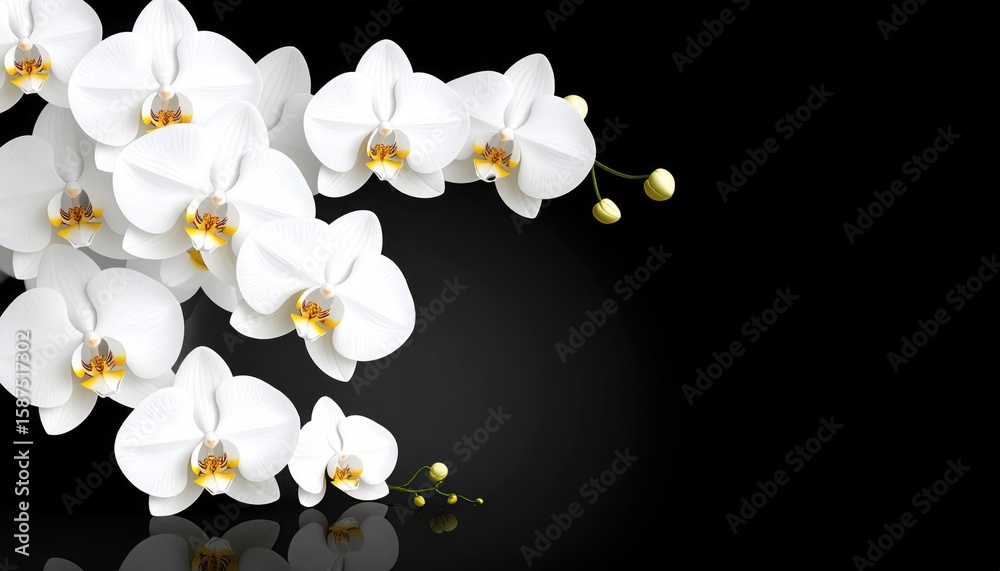 Obraz premium Elegant white orchid blossoms with delicate yellow centers gracefully arranged on a glossy black background, minimalistic floral composition with soft lighting and ample space for copy