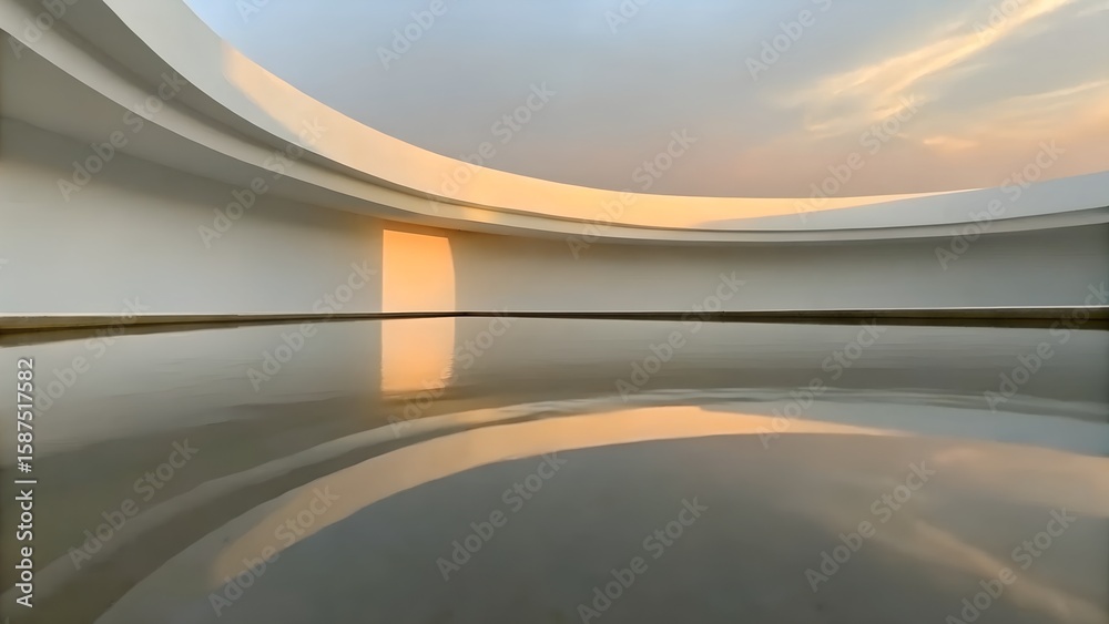 Obraz premium Minimalist Curved Architecture with Reflective Pool and Sunset Light