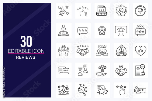 Reviews Icon Set – Minimalist Black Line Rating and Feedback Icons on White Background-reviews icon, feedback icon, rating icon, star icon, customer review, user rating, testimonial icon etc.