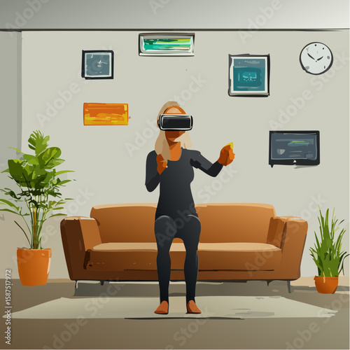 A woman wearing a VR headset and holding controllers stands in a living room with a couch, plants, and wall decorations.