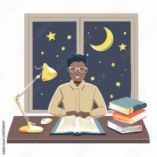 A young man studies at his desk under the night sky, reading a book.