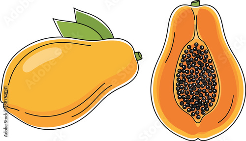 Whole and halved papaya fruit illustration, showcasing vibrant orange flesh and black seeds.