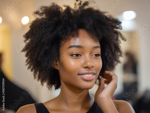 Bare-faced strikingly beautiful black woman at hair salon appointment