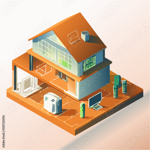 Isometric illustration of a modern house showcasing interior and exterior elements.